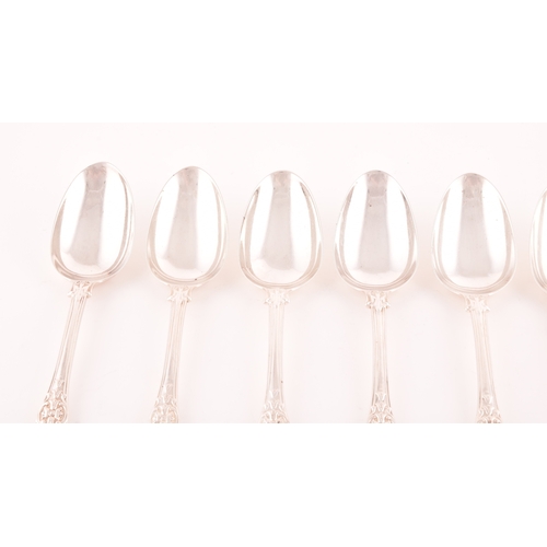 198 - A set of six William IV Queens Anthemion pattern silver serving spoons, hallmarked London 1832 by Wi... 