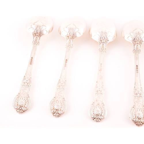 198 - A set of six William IV Queens Anthemion pattern silver serving spoons, hallmarked London 1832 by Wi... 