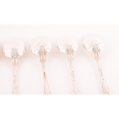 198 - A set of six William IV Queens Anthemion pattern silver serving spoons, hallmarked London 1832 by Wi... 