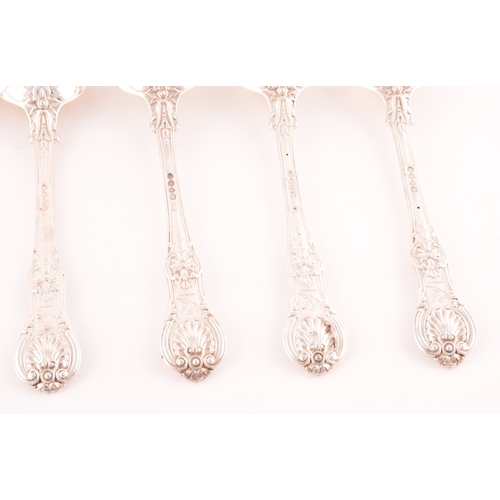 198 - A set of six William IV Queens Anthemion pattern silver serving spoons, hallmarked London 1832 by Wi... 