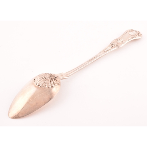 203 - A Regency silver large serving spoon, hallmarked London 1824, Queens pattern, makers mark rubbed. 30... 