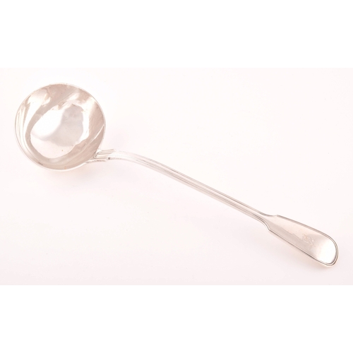 206 - A Victorian silver soup ladle, hallmarked London 1873 by George Adams, fiddle and thread pattern, wi... 