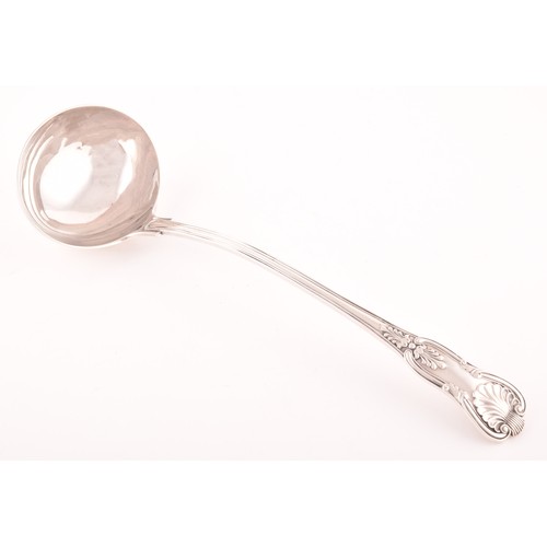 213 - A Victorian heavy silver soup ladle, hallmarked London 1852 by Hayne & Cater, Kings Pattern with... 