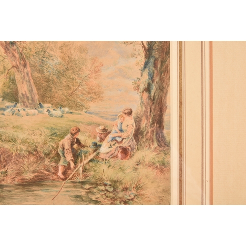 257 - Myles Birket Foster RWS (British, 1825-1899)'Family Fishing on the Banks of a Pool with Sheep and Vi... 