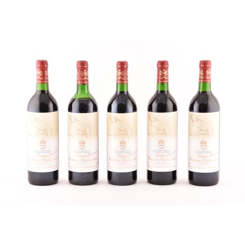 320 - Five bottles of 1993 Chateau Mouton Rothschild Pauillac red wine, the label featuring a design of a ... 