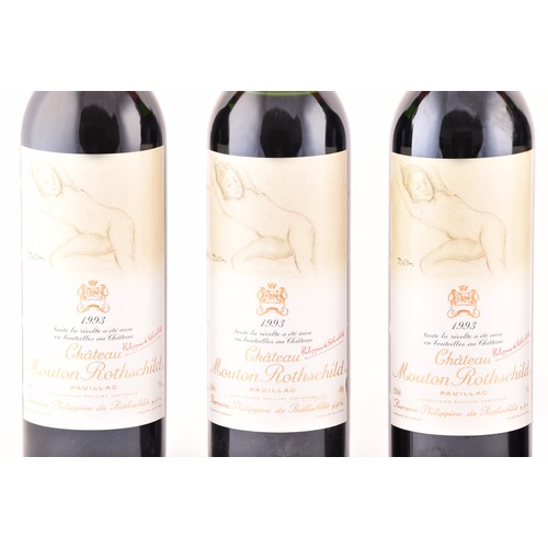 320 - Five bottles of 1993 Chateau Mouton Rothschild Pauillac red wine, the label featuring a design of a ... 