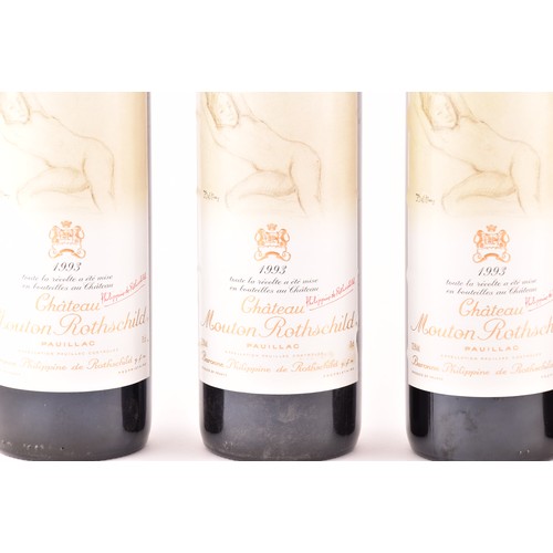 320 - Five bottles of 1993 Chateau Mouton Rothschild Pauillac red wine, the label featuring a design of a ... 