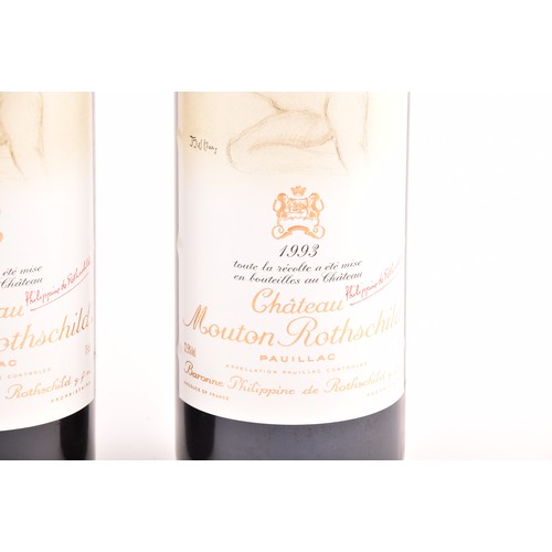 320 - Five bottles of 1993 Chateau Mouton Rothschild Pauillac red wine, the label featuring a design of a ... 