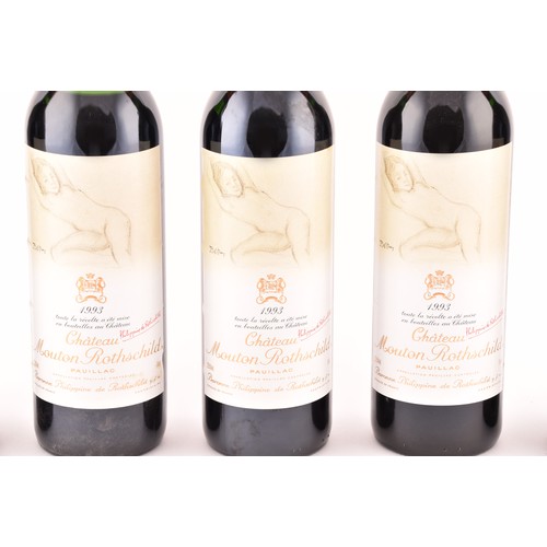 320 - Five bottles of 1993 Chateau Mouton Rothschild Pauillac red wine, the label featuring a design of a ... 