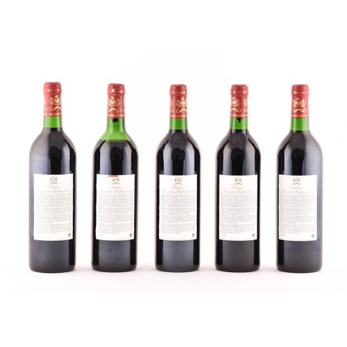 320 - Five bottles of 1993 Chateau Mouton Rothschild Pauillac red wine, the label featuring a design of a ... 