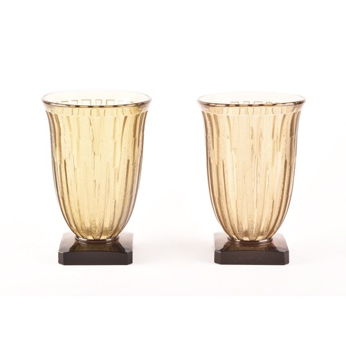 285 - A pair of Verlys 'Les Lances' vases, in 'Gris' glass, impressed moulded signature to interior, suppo... 