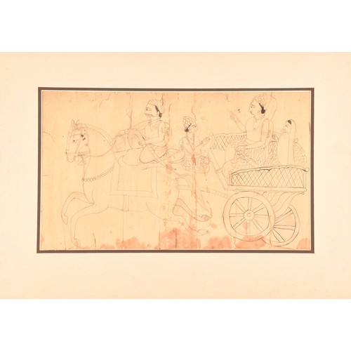 252 - 18th/19th Century Indian Ayodhya Schoola miniature sketch of Ram and Sita seated on a Chariot, ink a... 