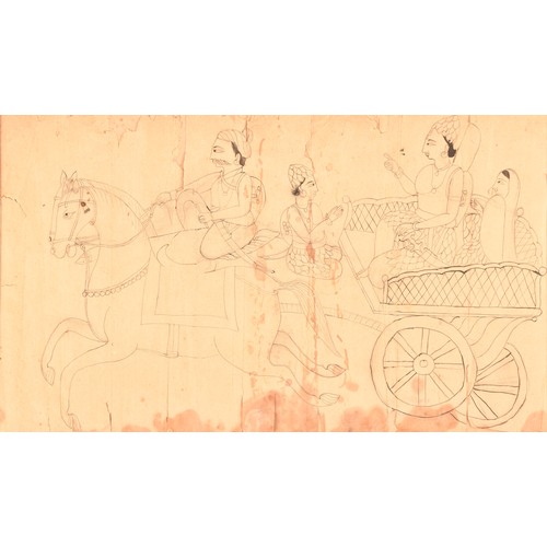 252 - 18th/19th Century Indian Ayodhya Schoola miniature sketch of Ram and Sita seated on a Chariot, ink a... 