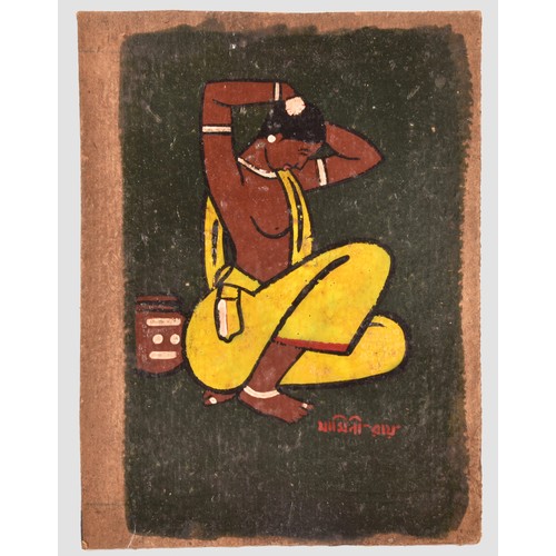 253 - Jamini Roy (Indian, 1887-1972)a study of a female water carrier, kneeling and adjusting her hair, a ... 