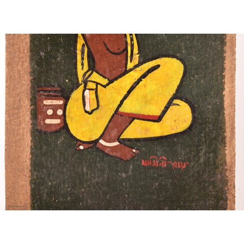 253 - Jamini Roy (Indian, 1887-1972)a study of a female water carrier, kneeling and adjusting her hair, a ... 