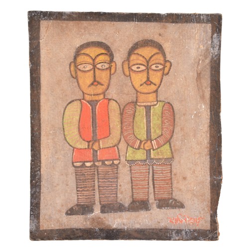 254 - Jamini Roy (Indian, 1887-1972) a study of two figures, standing with hands clasped. Signed lower rig... 