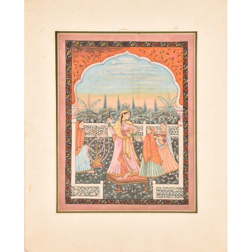 255 - 19th Century Indian Kangra schoolAn Indian miniature painting of a queen with huqqa and her maids on... 