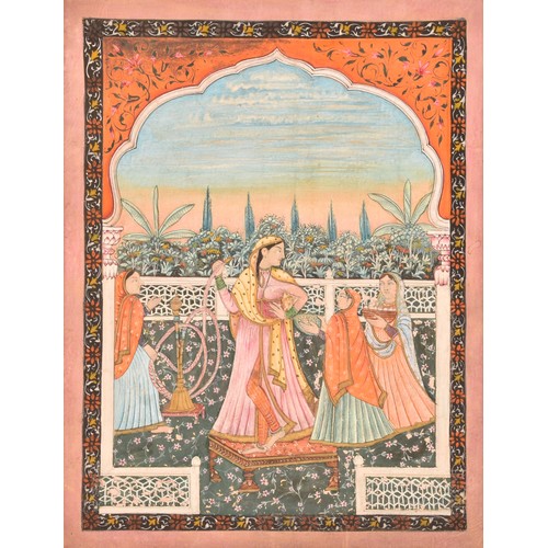 255 - 19th Century Indian Kangra schoolAn Indian miniature painting of a queen with huqqa and her maids on... 