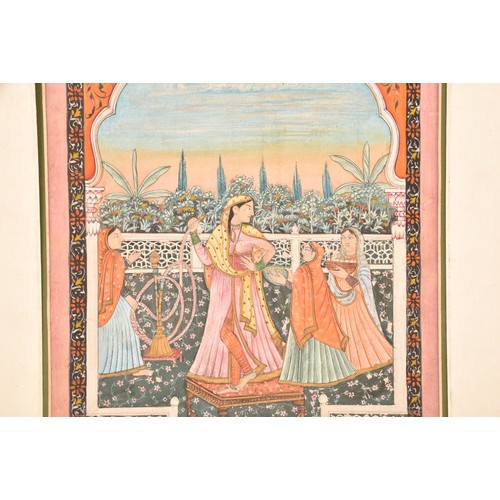 255 - 19th Century Indian Kangra schoolAn Indian miniature painting of a queen with huqqa and her maids on... 