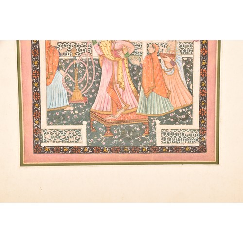 255 - 19th Century Indian Kangra schoolAn Indian miniature painting of a queen with huqqa and her maids on... 