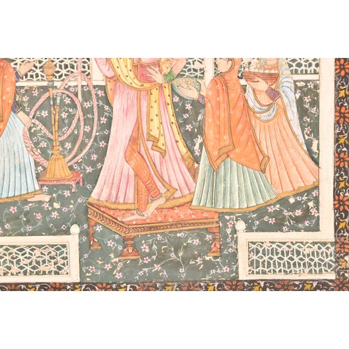 255 - 19th Century Indian Kangra schoolAn Indian miniature painting of a queen with huqqa and her maids on... 