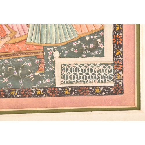 255 - 19th Century Indian Kangra schoolAn Indian miniature painting of a queen with huqqa and her maids on... 