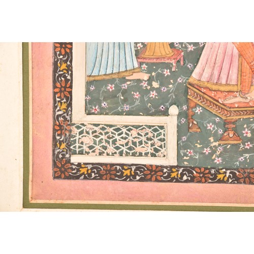 255 - 19th Century Indian Kangra schoolAn Indian miniature painting of a queen with huqqa and her maids on... 