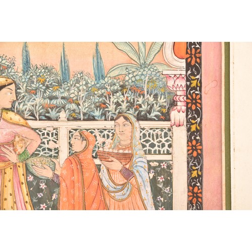 255 - 19th Century Indian Kangra schoolAn Indian miniature painting of a queen with huqqa and her maids on... 