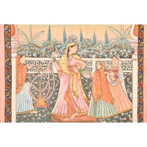 255 - 19th Century Indian Kangra schoolAn Indian miniature painting of a queen with huqqa and her maids on... 