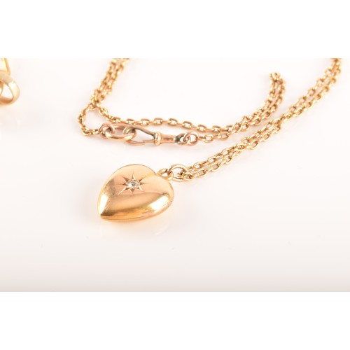 63 - A group of gold jewellery items including a diamond set 18ct yellow gold heart pendant with chain, A... 