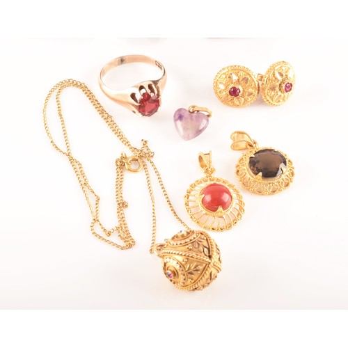 3 - A small group of gold jewellery, including a 10ct yellow gold almandine garnet set ring, an 18ct yel... 