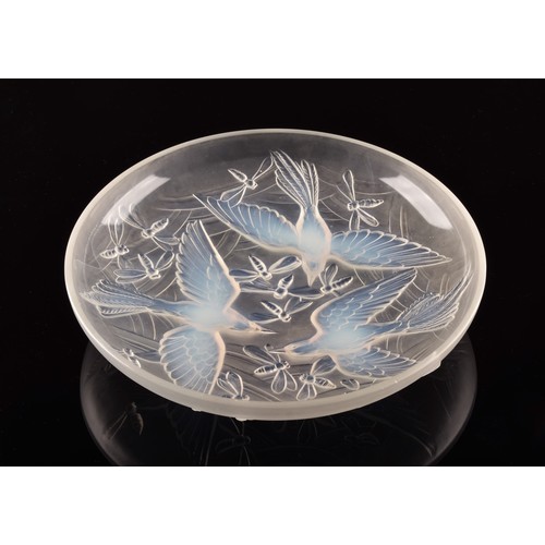 295 - A Verlys 'Birds and Dragonflies' opalescent glass dish/platter, decorated with flying birds and inse... 