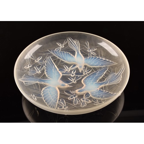 295 - A Verlys 'Birds and Dragonflies' opalescent glass dish/platter, decorated with flying birds and inse... 