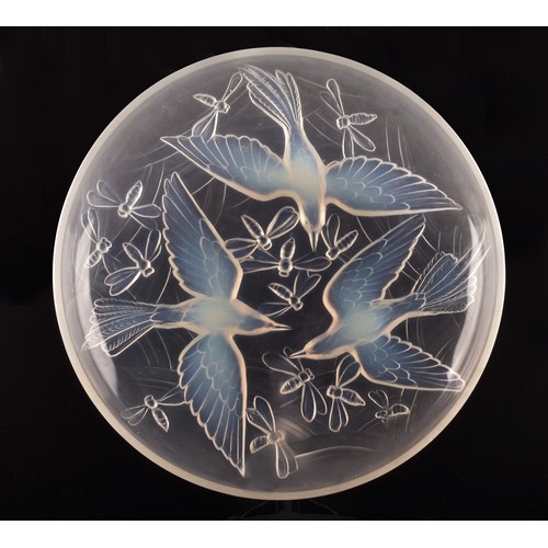 295 - A Verlys 'Birds and Dragonflies' opalescent glass dish/platter, decorated with flying birds and inse... 