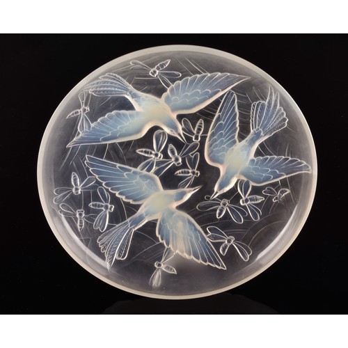 295 - A Verlys 'Birds and Dragonflies' opalescent glass dish/platter, decorated with flying birds and inse... 