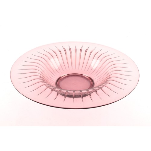 298 - Verlys, 'Les Filets' a large mauve glass bowl, with radiating ribbed decoration. 37cms diameter. Cat... 