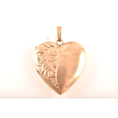 44 - A small group of 9ct gold items, including a heart shape locket, a signet ring, an engraved single  ... 