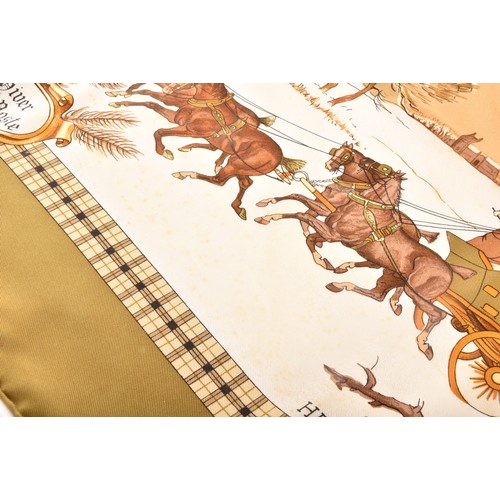 313 - Hermes, Paris. A silk scarf, 'L'Hiver en Poste' design, green and cream ground, 89 x 89 cm, boxed, t... 