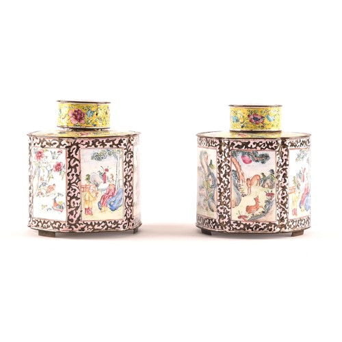 A pair of Chinese Qianlong enamel tea caddies and covers, the hexagonal bodies painted in famille rose colours with panels of figures in landscapes, animals in landscapes, and buildings, on a pink ground with black flowers, the top and covers painted with flowers on a rich yellow ground, with painted pink flowers to base, each with John Sparks Ltd label to base, and with original John Sparks retail box. 10 cm high.