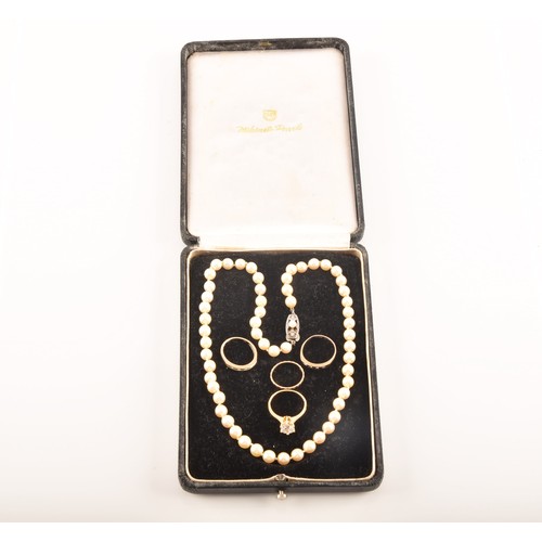 58 - A pearl necklace with silver metal decorated clasp, approximately 8 inches in length, a 9ct yellow g... 