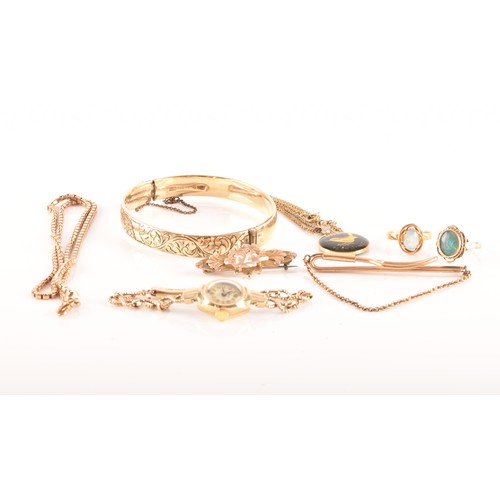 45 - A group of 9ct yellow gold jewellery, to include a Verity watch with bracelet strap, a box link chai... 