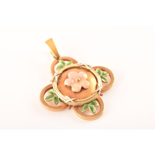 46 - A 19th century 15ct yellow gold floral enamel pendant, decorated with pink, green and white enamel, ... 