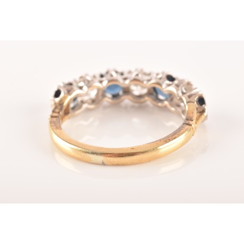 49 - An 18ct yellow gold, diamond, and sapphire ring, set with three round brilliant-cut diamonds and fou... 