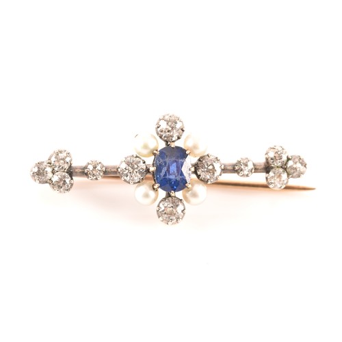 80 - A yellow gold and diamond, sapphire and pearl brooch, approximate weight of sapphire 0.55 carats as ... 