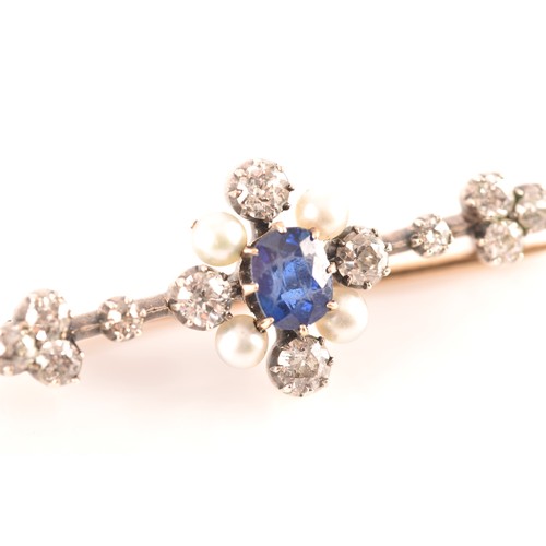 80 - A yellow gold and diamond, sapphire and pearl brooch, approximate weight of sapphire 0.55 carats as ... 