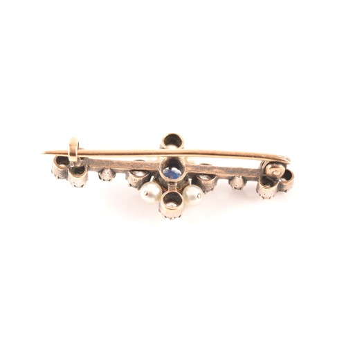 80 - A yellow gold and diamond, sapphire and pearl brooch, approximate weight of sapphire 0.55 carats as ... 