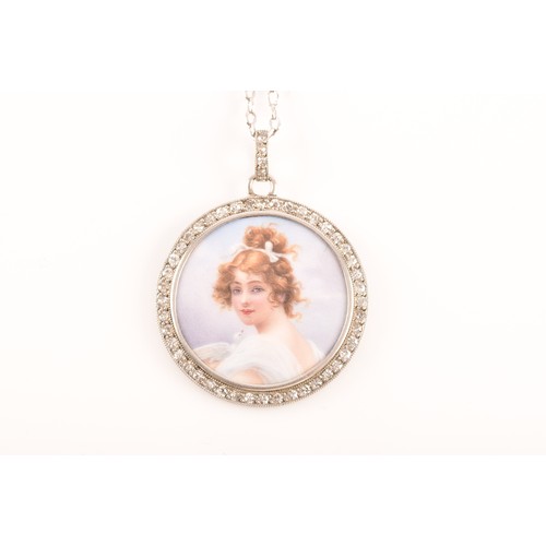 90 - An Edwardian painted porcelain pendant, surrounded by round eight cut diamonds with a millegrain bor... 