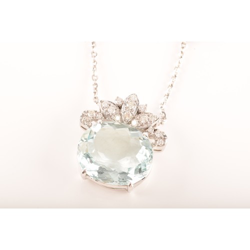 11 - A platinum pendant and chain, featuring an oval aquamarine with an approximate weight of 12.00 carat... 