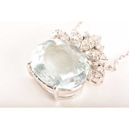 11 - A platinum pendant and chain, featuring an oval aquamarine with an approximate weight of 12.00 carat... 