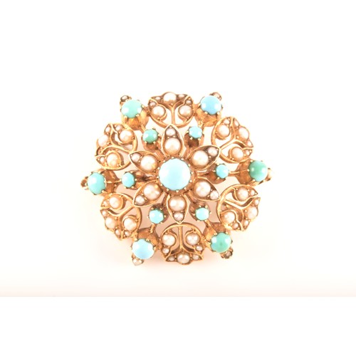 83 - A yellow gold brooch featuring cabochon turquoise and pearls, measuring approximately 3.5cm, 12.8 gr... 